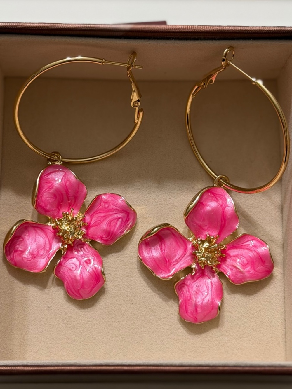 Pink Gold Tone Enamel Flower Hoop Dangle Drop Statement Earrings